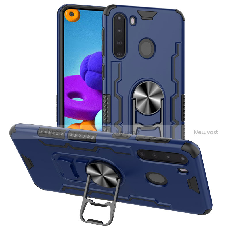 Silicone Matte Finish and Plastic Back Cover Case with Magnetic Finger Ring Stand for Samsung Galaxy A21