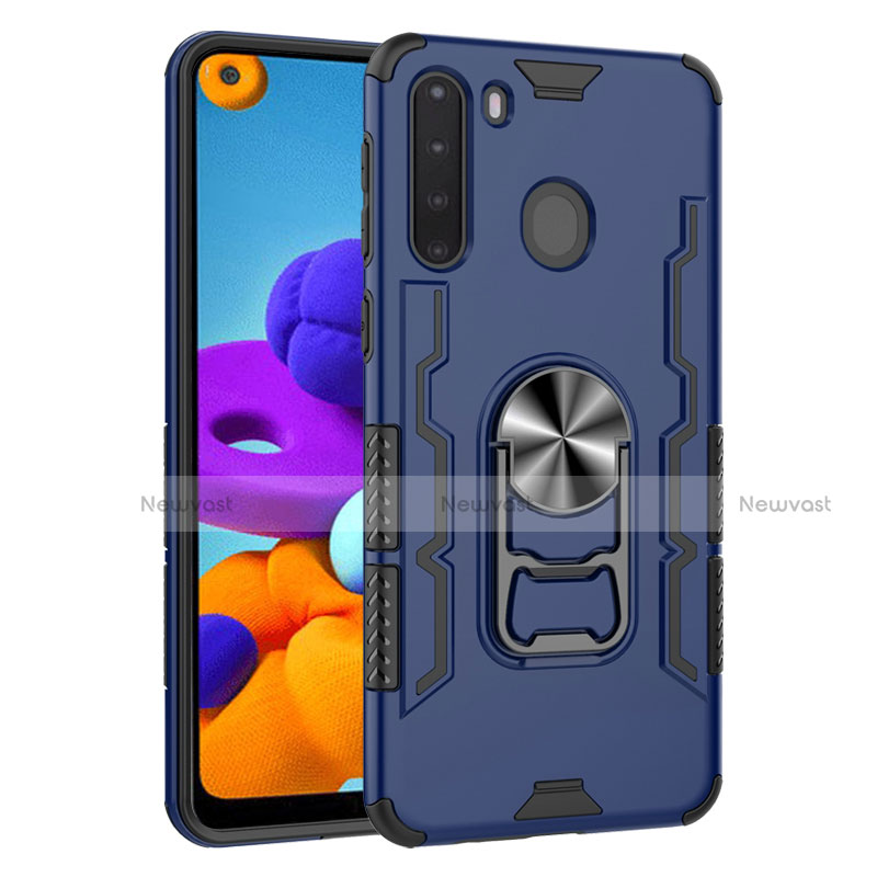 Silicone Matte Finish and Plastic Back Cover Case with Magnetic Finger Ring Stand for Samsung Galaxy A21 Blue