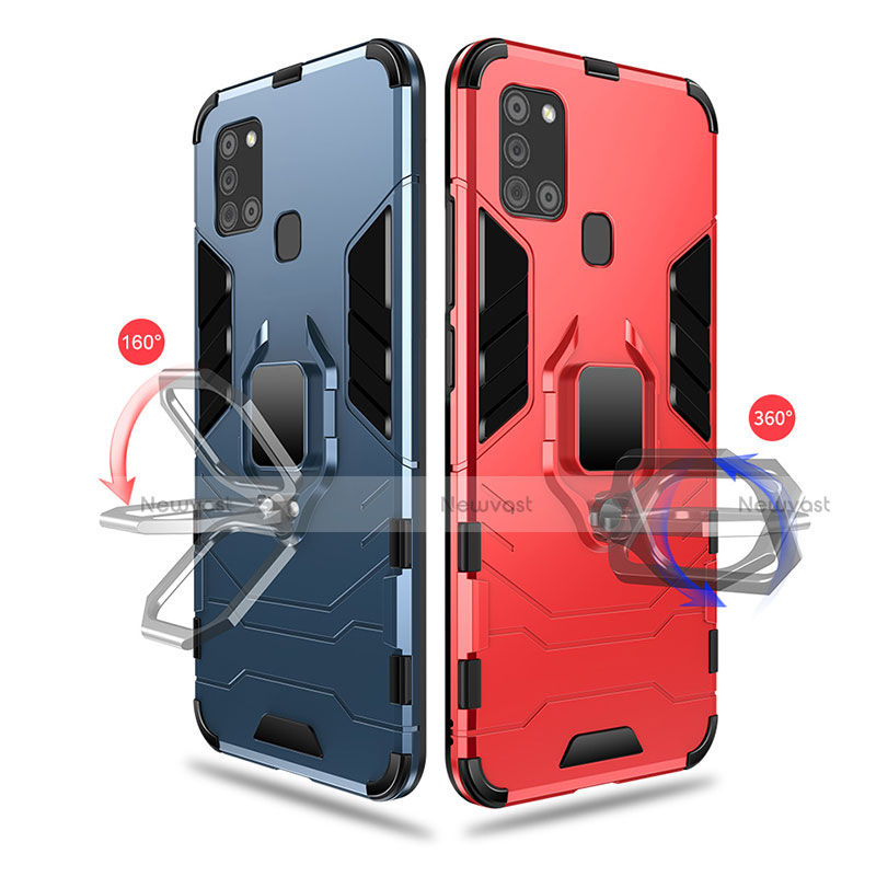 Silicone Matte Finish and Plastic Back Cover Case with Magnetic Finger Ring Stand for Samsung Galaxy A21s
