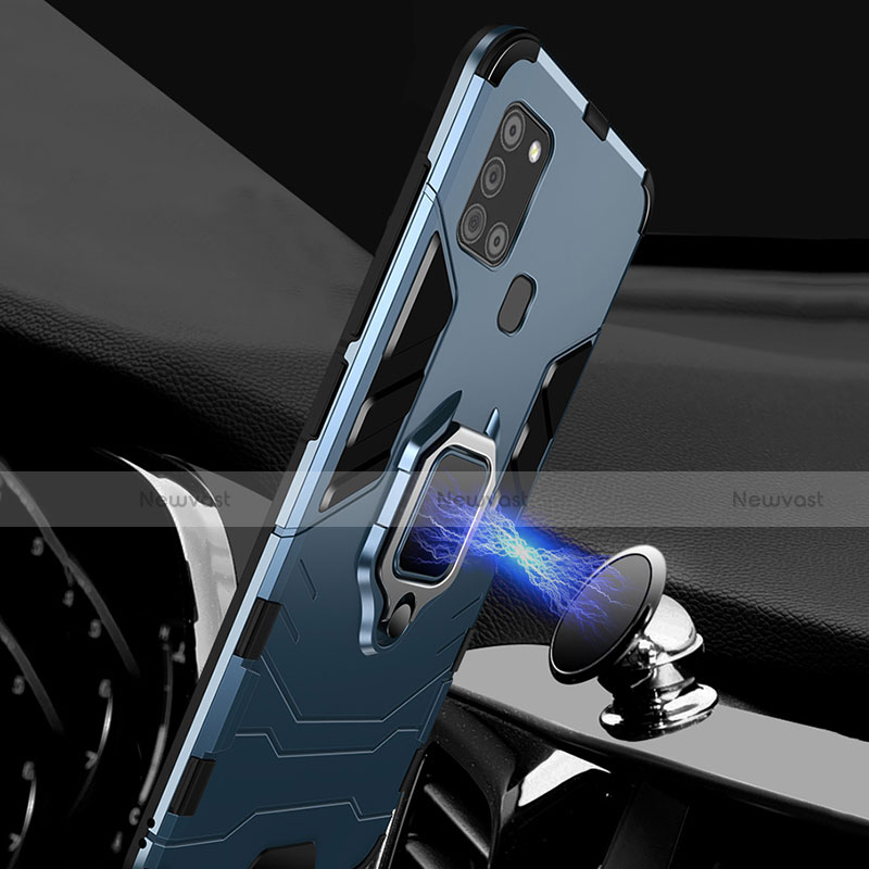 Silicone Matte Finish and Plastic Back Cover Case with Magnetic Finger Ring Stand for Samsung Galaxy A21s