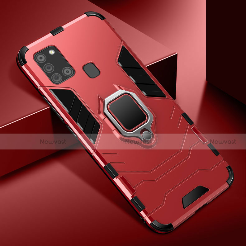 Silicone Matte Finish and Plastic Back Cover Case with Magnetic Finger Ring Stand for Samsung Galaxy A21s Red