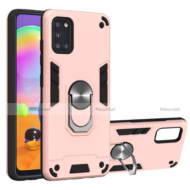 Silicone Matte Finish and Plastic Back Cover Case with Magnetic Finger Ring Stand for Samsung Galaxy A31 Rose Gold
