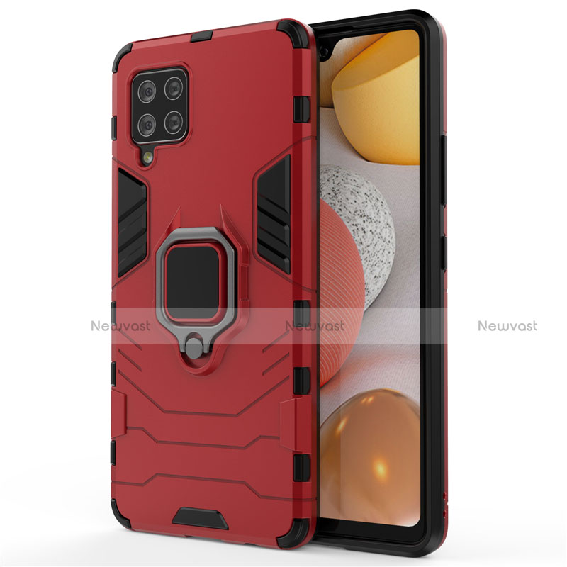 Silicone Matte Finish and Plastic Back Cover Case with Magnetic Finger Ring Stand for Samsung Galaxy A42 5G Red
