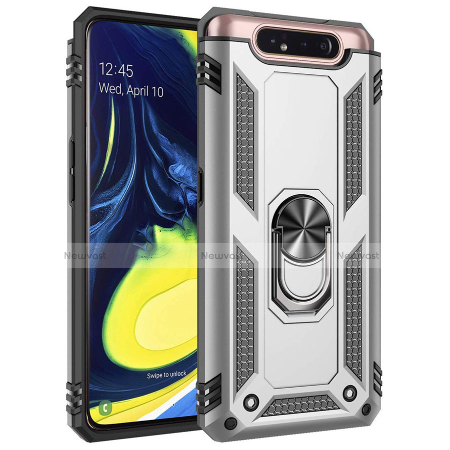 Silicone Matte Finish and Plastic Back Cover Case with Magnetic Finger Ring Stand for Samsung Galaxy A80