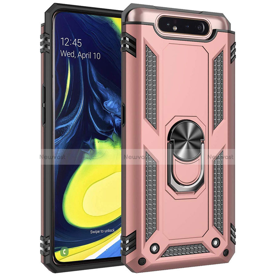 Silicone Matte Finish and Plastic Back Cover Case with Magnetic Finger Ring Stand for Samsung Galaxy A80 Rose Gold