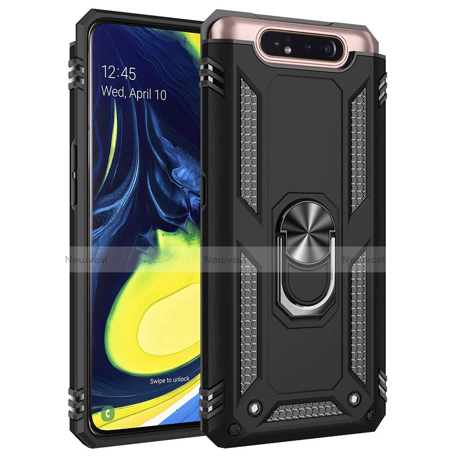 Silicone Matte Finish and Plastic Back Cover Case with Magnetic Finger Ring Stand for Samsung Galaxy A90 4G