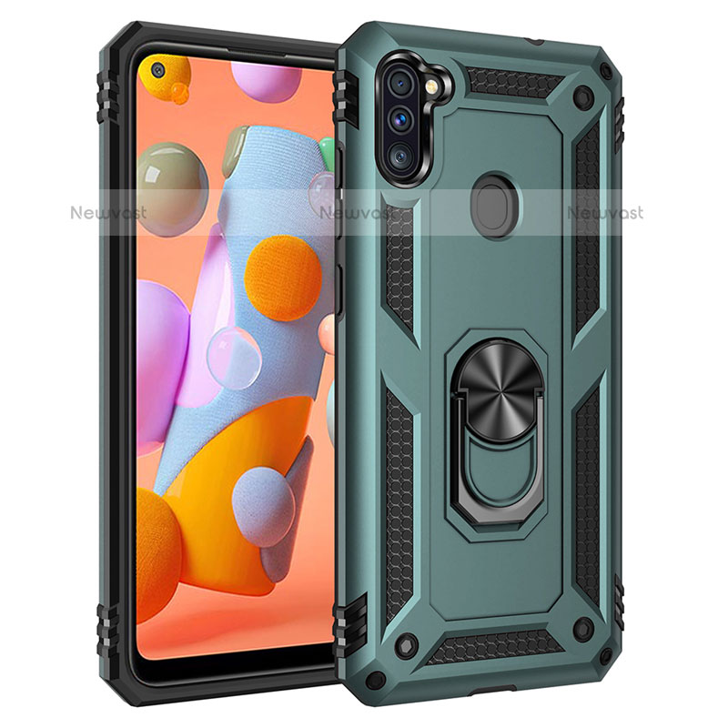 Silicone Matte Finish and Plastic Back Cover Case with Magnetic Finger Ring Stand for Samsung Galaxy M11