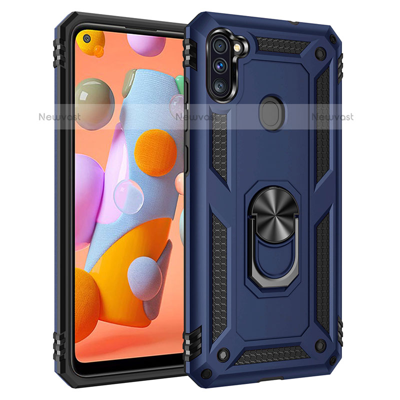 Silicone Matte Finish and Plastic Back Cover Case with Magnetic Finger Ring Stand for Samsung Galaxy M11 Blue