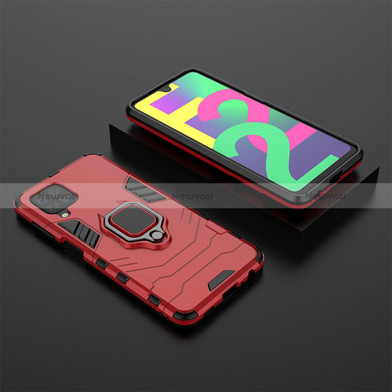 Silicone Matte Finish and Plastic Back Cover Case with Magnetic Finger Ring Stand for Samsung Galaxy M22 4G