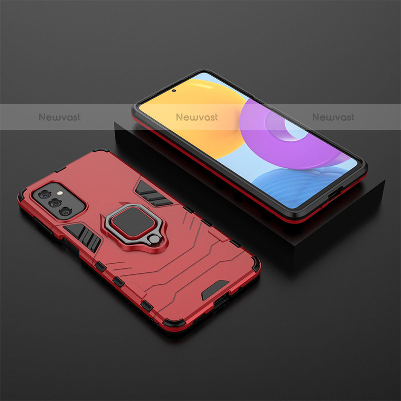 Silicone Matte Finish and Plastic Back Cover Case with Magnetic Finger Ring Stand for Samsung Galaxy M52 5G Red