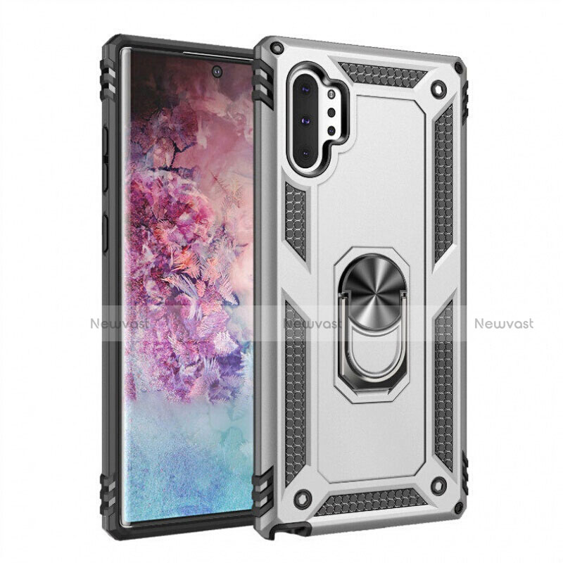 Silicone Matte Finish and Plastic Back Cover Case with Magnetic Finger Ring Stand for Samsung Galaxy Note 10 Plus 5G