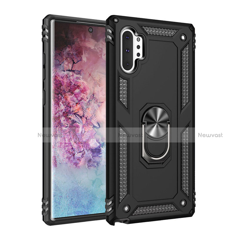 Silicone Matte Finish and Plastic Back Cover Case with Magnetic Finger Ring Stand for Samsung Galaxy Note 10 Plus Black