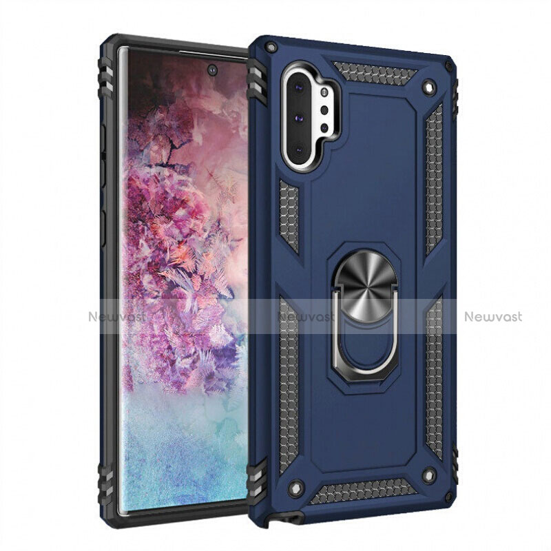 Silicone Matte Finish and Plastic Back Cover Case with Magnetic Finger Ring Stand for Samsung Galaxy Note 10 Plus Blue