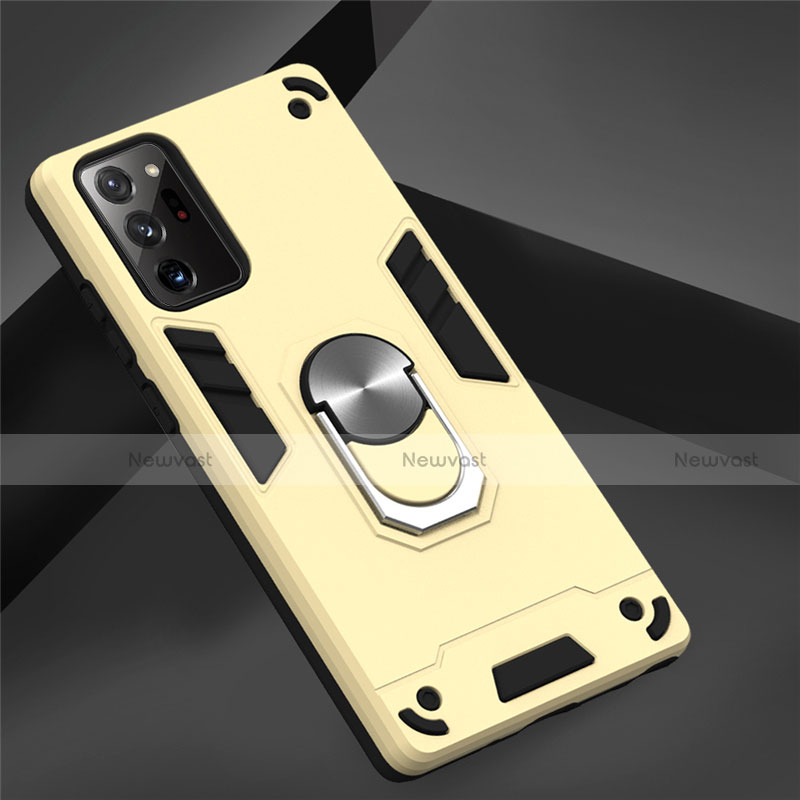 Silicone Matte Finish and Plastic Back Cover Case with Magnetic Finger Ring Stand for Samsung Galaxy Note 20 5G Gold