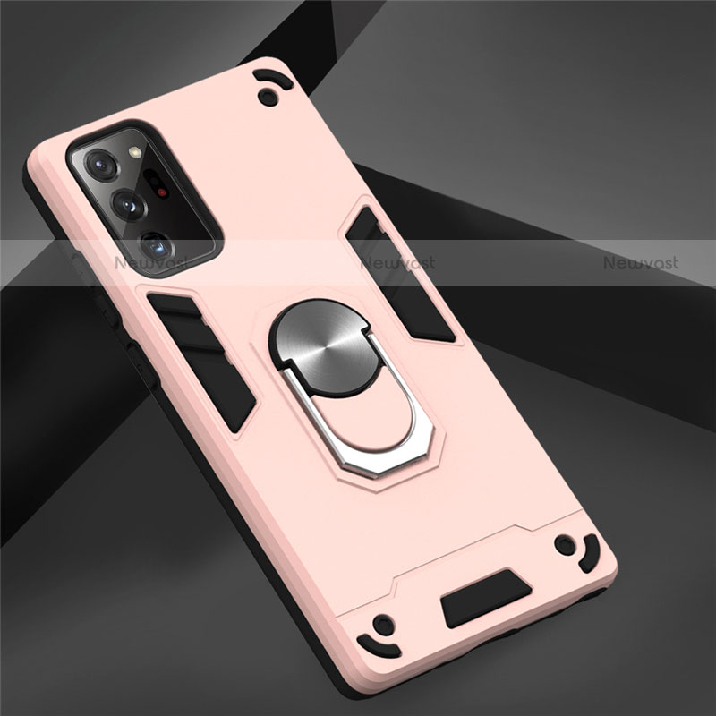Silicone Matte Finish and Plastic Back Cover Case with Magnetic Finger Ring Stand for Samsung Galaxy Note 20 5G Pink