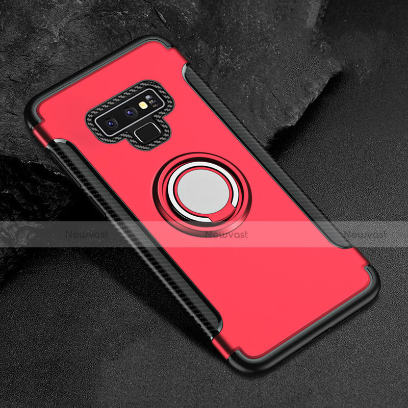 Silicone Matte Finish and Plastic Back Cover Case with Magnetic Finger Ring Stand for Samsung Galaxy Note 9 Red