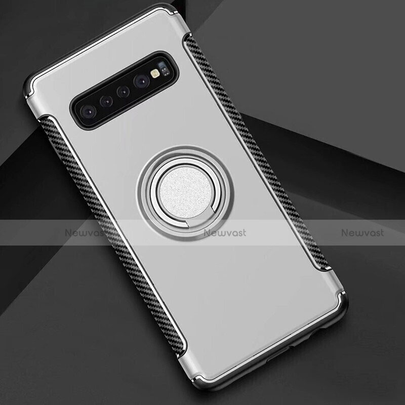 Silicone Matte Finish and Plastic Back Cover Case with Magnetic Finger Ring Stand for Samsung Galaxy S10 5G Silver