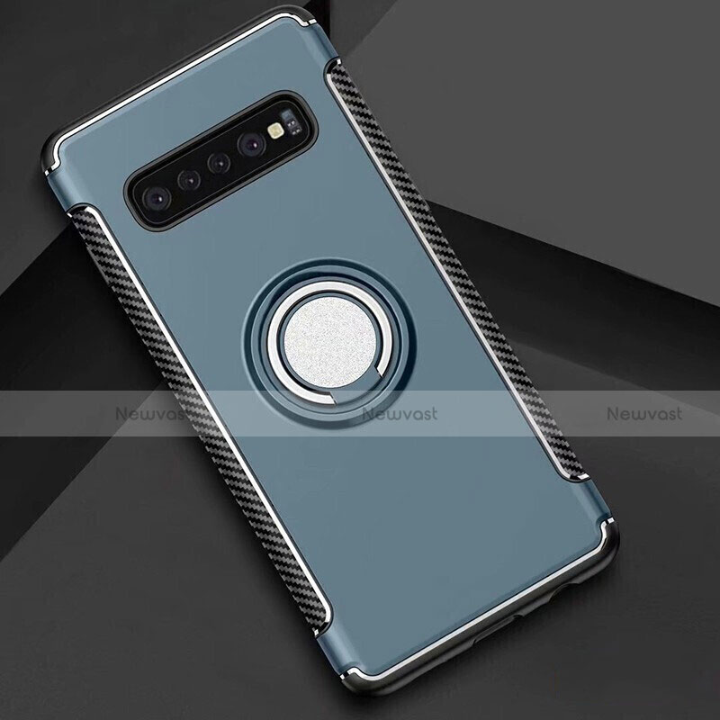 Silicone Matte Finish and Plastic Back Cover Case with Magnetic Finger Ring Stand for Samsung Galaxy S10 5G Sky Blue