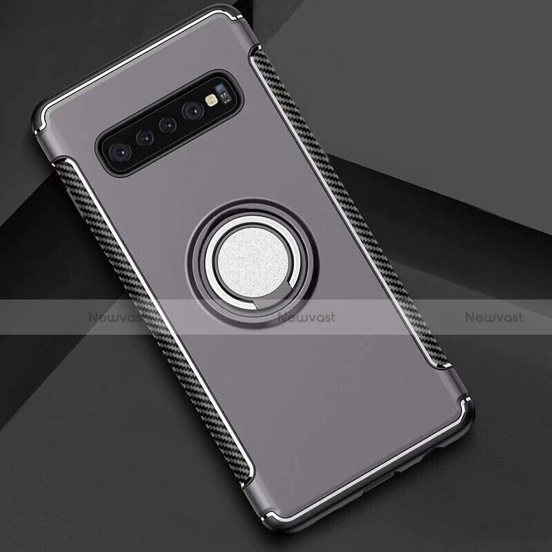 Silicone Matte Finish and Plastic Back Cover Case with Magnetic Finger Ring Stand for Samsung Galaxy S10 Dark Gray