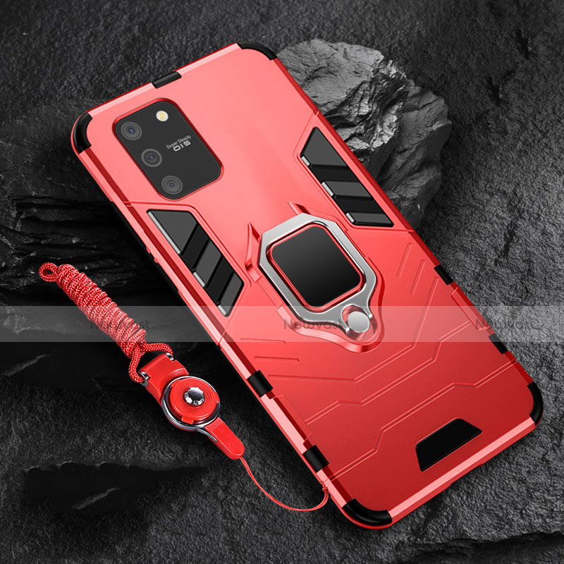 Silicone Matte Finish and Plastic Back Cover Case with Magnetic Finger Ring Stand for Samsung Galaxy S10 Lite Red