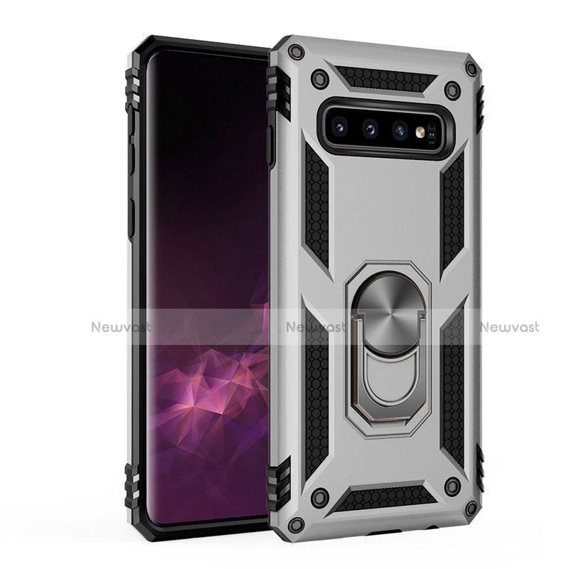 Silicone Matte Finish and Plastic Back Cover Case with Magnetic Finger Ring Stand for Samsung Galaxy S10 Plus