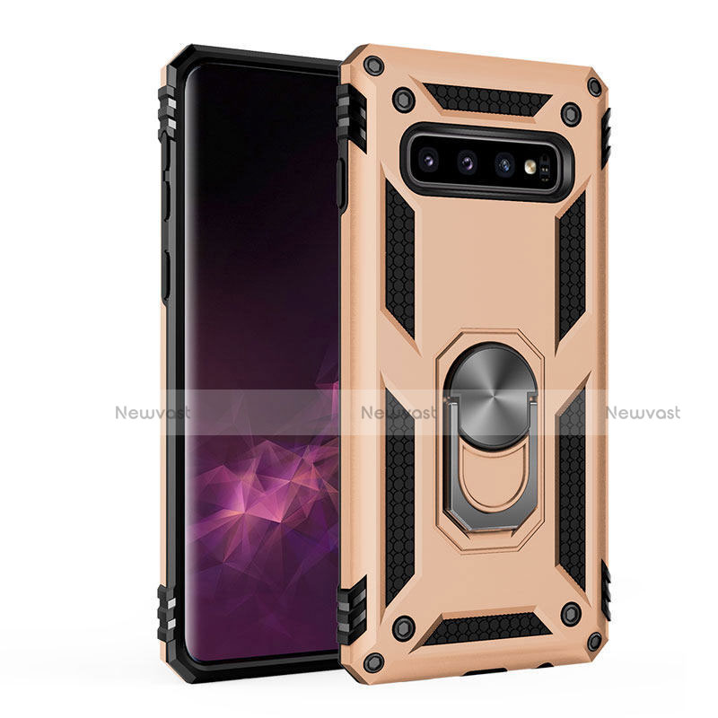Silicone Matte Finish and Plastic Back Cover Case with Magnetic Finger Ring Stand for Samsung Galaxy S10 Plus Gold