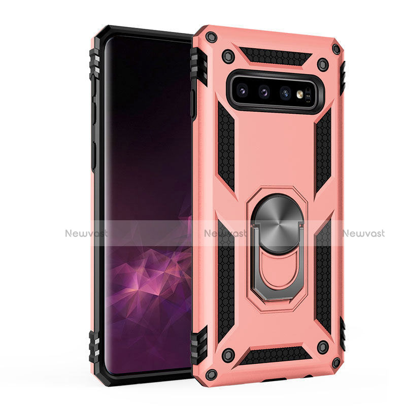 Silicone Matte Finish and Plastic Back Cover Case with Magnetic Finger Ring Stand for Samsung Galaxy S10 Plus Rose Gold