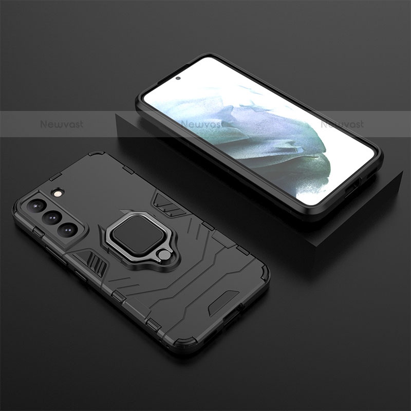 Silicone Matte Finish and Plastic Back Cover Case with Magnetic Finger Ring Stand for Samsung Galaxy S21 FE 5G