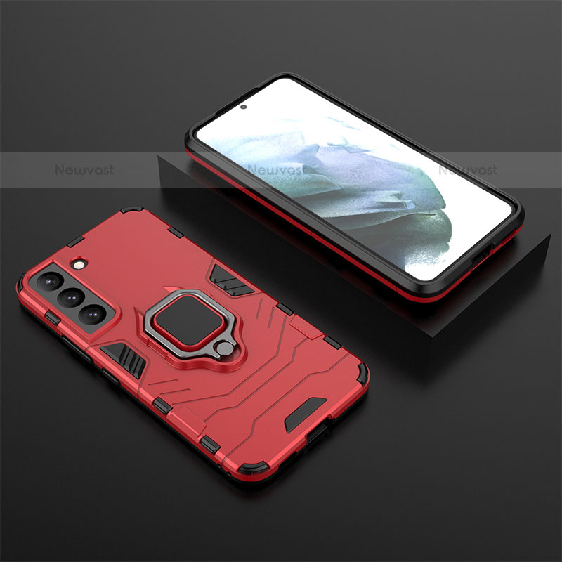 Silicone Matte Finish and Plastic Back Cover Case with Magnetic Finger Ring Stand for Samsung Galaxy S21 Plus 5G