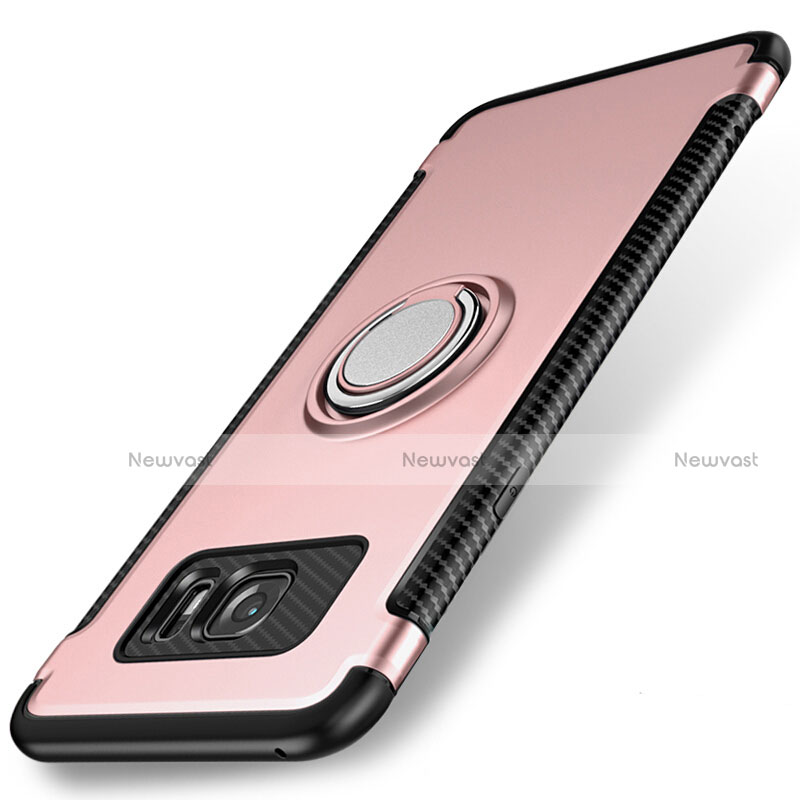 Silicone Matte Finish and Plastic Back Cover Case with Magnetic Finger Ring Stand for Samsung Galaxy S7 Edge G935F Rose Gold