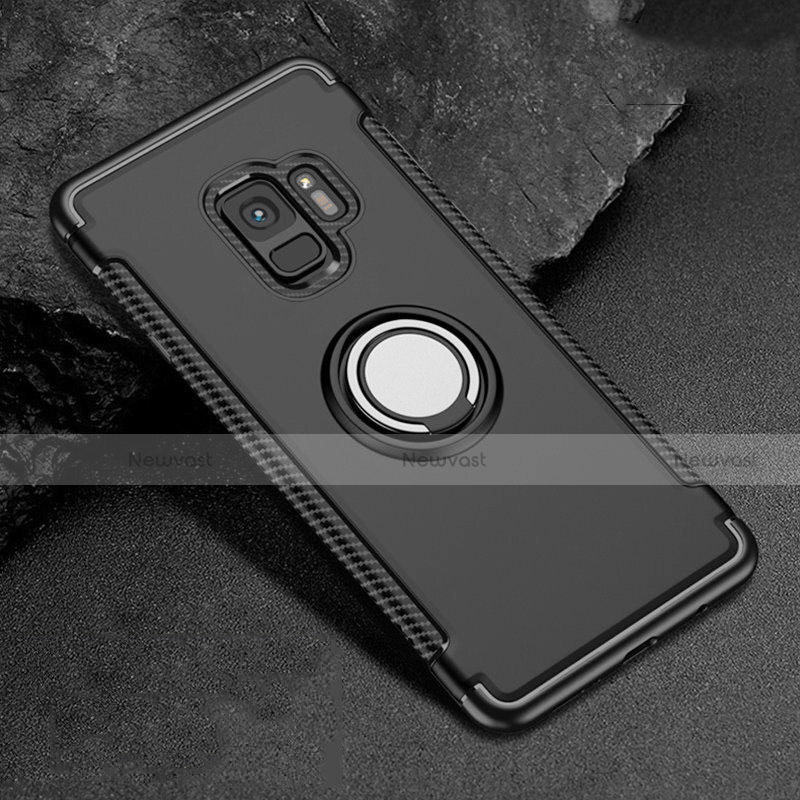 Silicone Matte Finish and Plastic Back Cover Case with Magnetic Finger Ring Stand for Samsung Galaxy S9