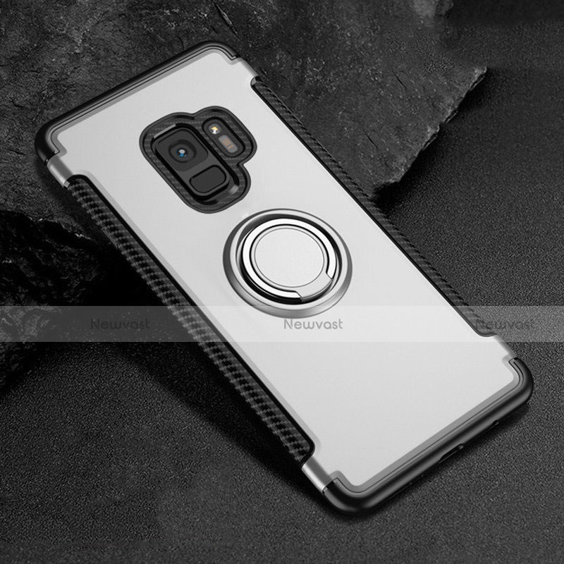 Silicone Matte Finish and Plastic Back Cover Case with Magnetic Finger Ring Stand for Samsung Galaxy S9