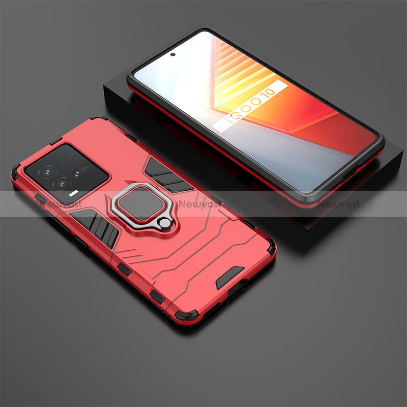 Silicone Matte Finish and Plastic Back Cover Case with Magnetic Finger Ring Stand for Vivo iQOO 10 5G