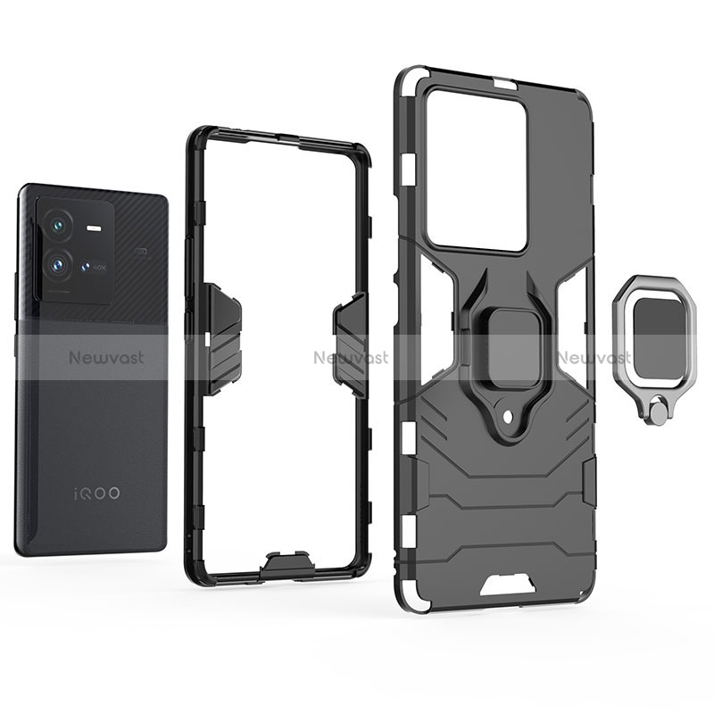 Silicone Matte Finish and Plastic Back Cover Case with Magnetic Finger Ring Stand for Vivo iQOO 10 Pro 5G