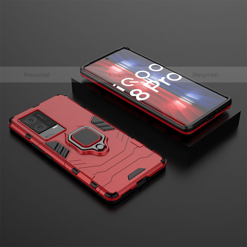 Silicone Matte Finish and Plastic Back Cover Case with Magnetic Finger Ring Stand for Vivo iQOO 8 Pro 5G Red