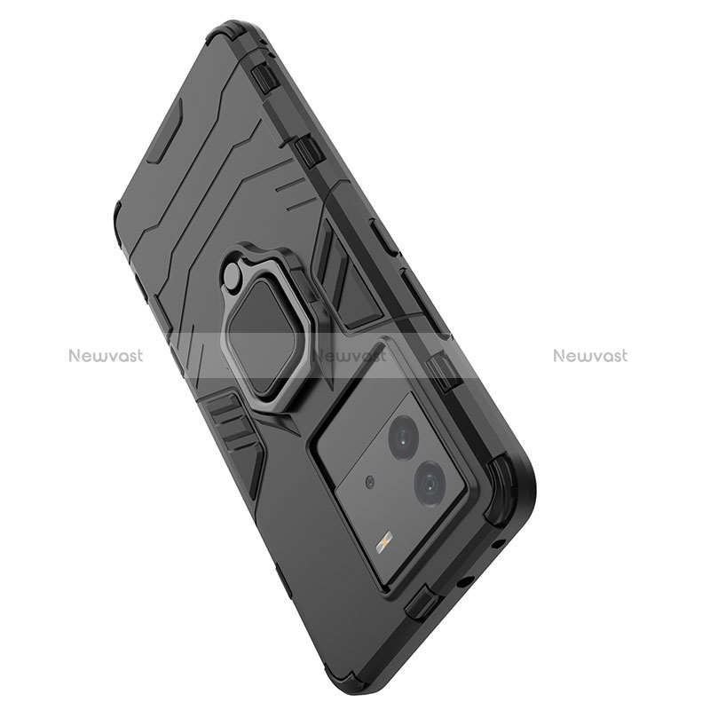 Silicone Matte Finish and Plastic Back Cover Case with Magnetic Finger Ring Stand for Vivo iQOO Neo6 SE 5G