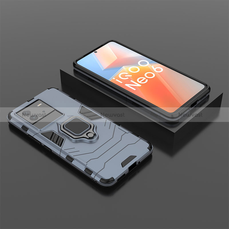Silicone Matte Finish and Plastic Back Cover Case with Magnetic Finger Ring Stand for Vivo iQOO Neo6 SE 5G Blue