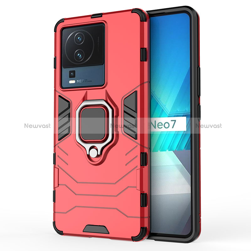 Silicone Matte Finish and Plastic Back Cover Case with Magnetic Finger Ring Stand for Vivo iQOO Neo7 5G