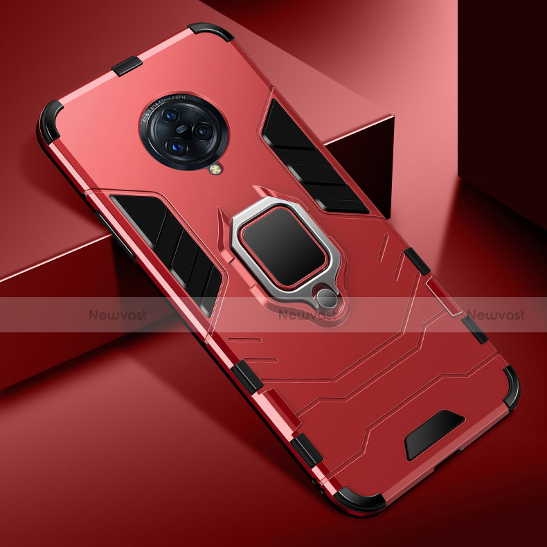 Silicone Matte Finish and Plastic Back Cover Case with Magnetic Finger Ring Stand for Vivo Nex 3 Red