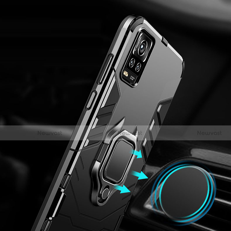 Silicone Matte Finish and Plastic Back Cover Case with Magnetic Finger Ring Stand for Vivo V20 Pro 5G