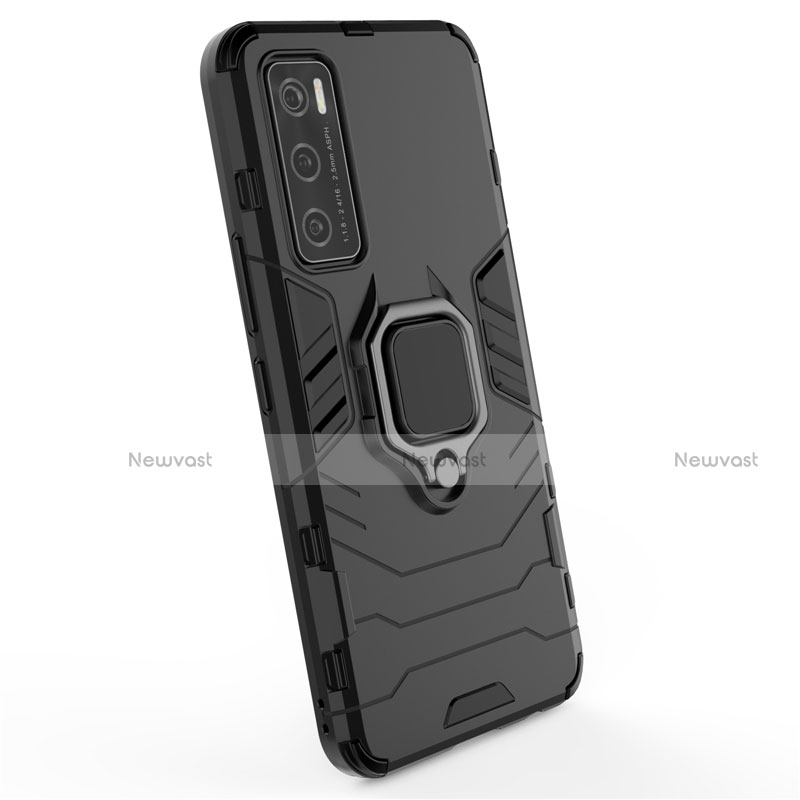 Silicone Matte Finish and Plastic Back Cover Case with Magnetic Finger Ring Stand for Vivo V20 SE