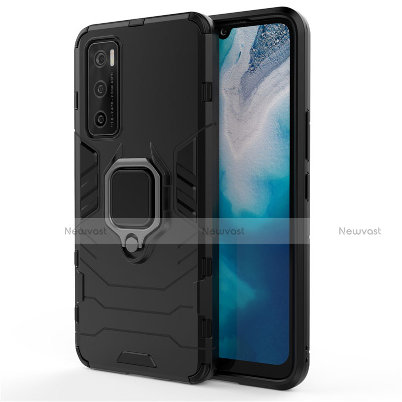Silicone Matte Finish and Plastic Back Cover Case with Magnetic Finger Ring Stand for Vivo V20 SE Black