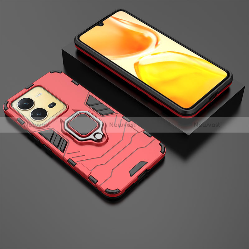 Silicone Matte Finish and Plastic Back Cover Case with Magnetic Finger Ring Stand for Vivo V25 5G