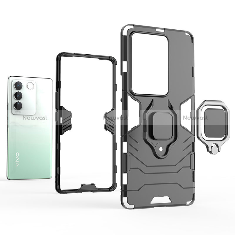 Silicone Matte Finish and Plastic Back Cover Case with Magnetic Finger Ring Stand for Vivo V27 Pro 5G