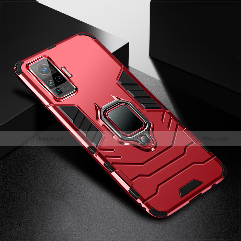 Silicone Matte Finish and Plastic Back Cover Case with Magnetic Finger Ring Stand for Vivo X50 Pro 5G
