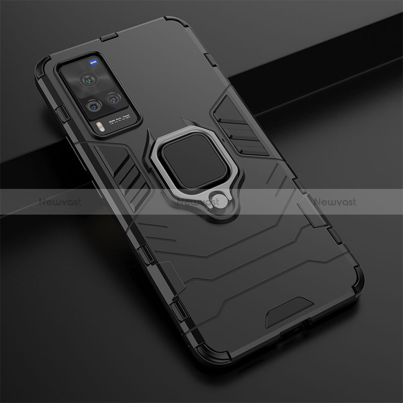 Silicone Matte Finish and Plastic Back Cover Case with Magnetic Finger Ring Stand for Vivo X60 Pro 5G
