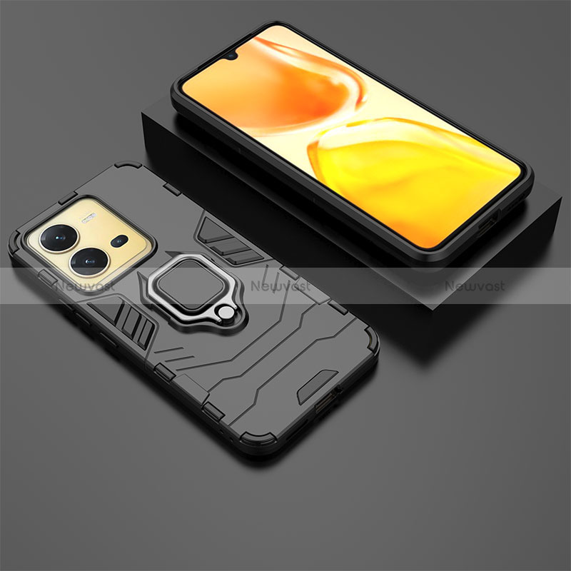 Silicone Matte Finish and Plastic Back Cover Case with Magnetic Finger Ring Stand for Vivo X80 Lite 5G Black