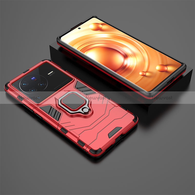 Silicone Matte Finish and Plastic Back Cover Case with Magnetic Finger Ring Stand for Vivo X80 Pro 5G