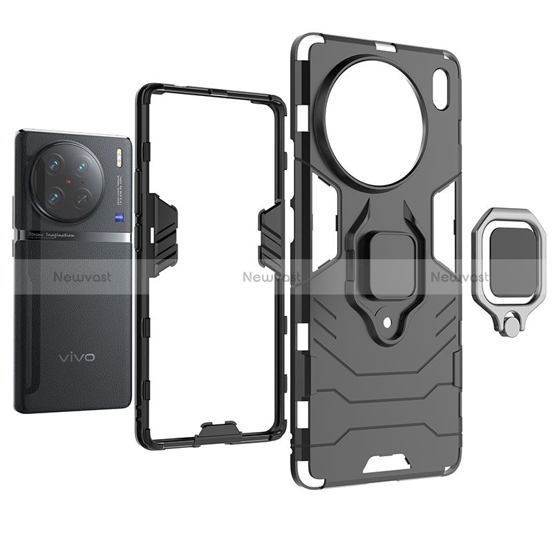 Silicone Matte Finish and Plastic Back Cover Case with Magnetic Finger Ring Stand for Vivo X90 Pro 5G