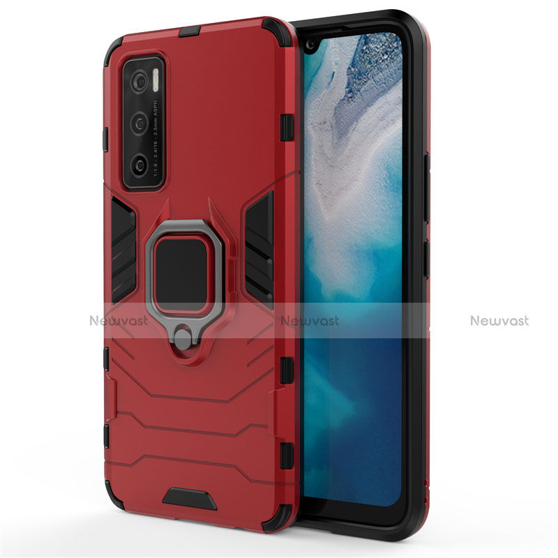Silicone Matte Finish and Plastic Back Cover Case with Magnetic Finger Ring Stand for Vivo Y70 (2020) Red
